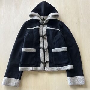 Y2K Cappuccino Jeans Jacket Womens Small Black Hooded Toggle Fleece Lined Short